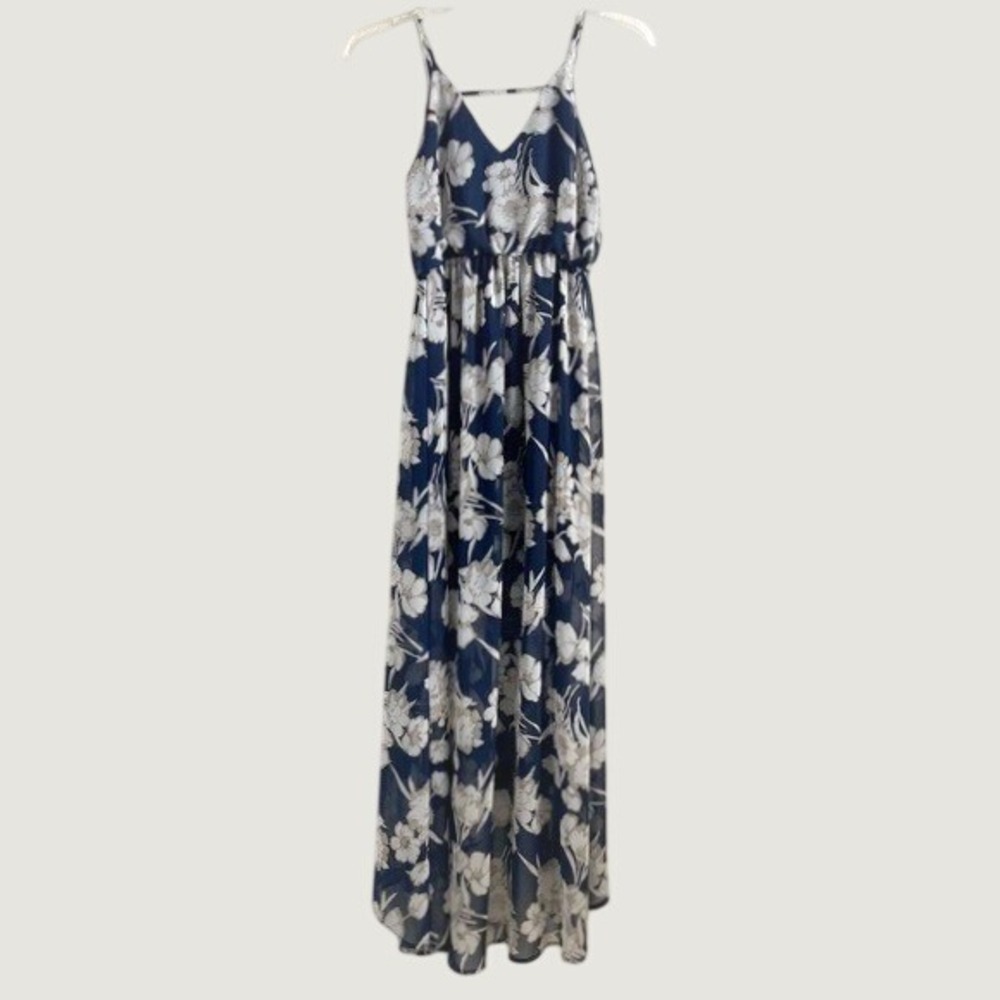 Women's Navy Blue Floral Maxi Dress Sleeveless Leg Slit Wedding Party Flowing XS
